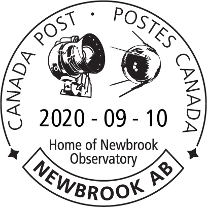 Telescope and satellite with local motto Home of Newbrook Observatory, September 10, 2020.