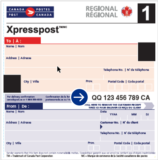 An example of a prepaid envelope customer receipt with an arrow indicating where the tracking number is found.