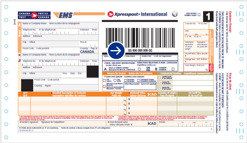 An example of an Xpresspost – International customer receipt.