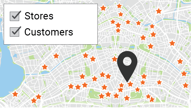 Neighbourhood map graphic with “Stores” and “Customers” selected in a checklist of demographics.