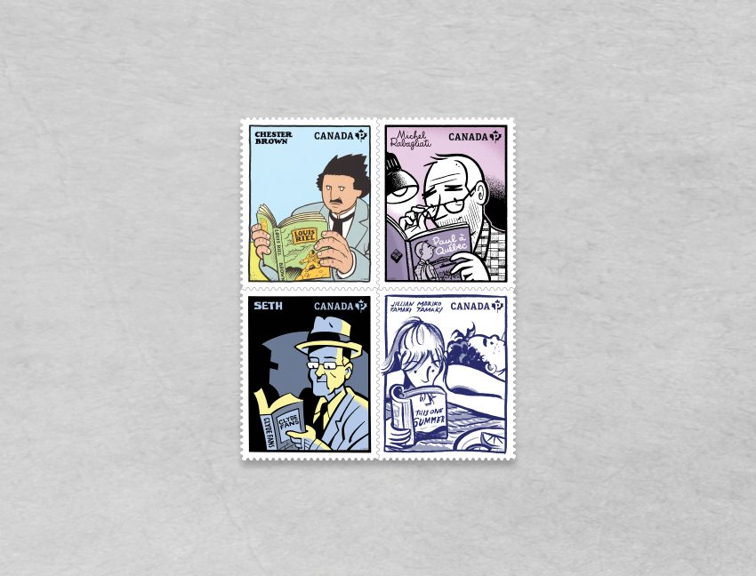 Les timbres du premier volet de la série sur les artistes de romans graphiques présentent Chester Brown, Michel Rabagliati, Seth, et Jillian Tamaki et Mariko Tamaki.
