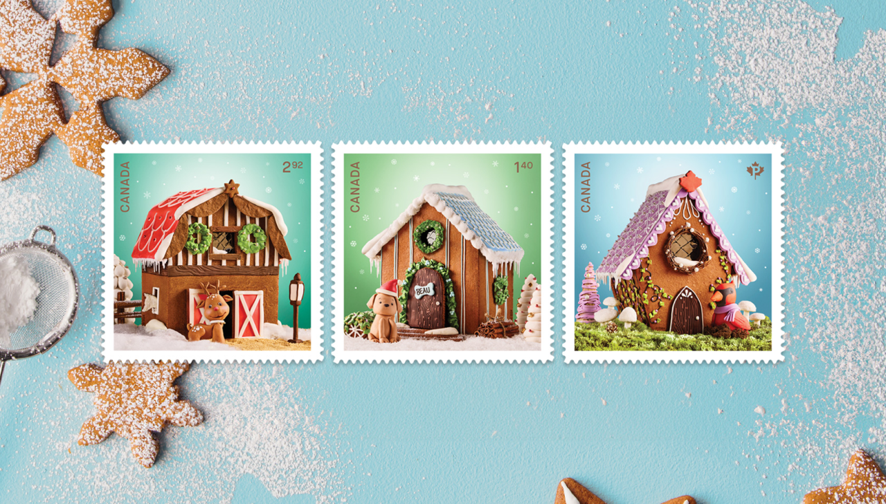 Ces 3 timbres présentent des maisons en pain d’épices magnifiquement décorées : une cabane à oiseaux, une niche et une grange abritant les rennes du père Noël.